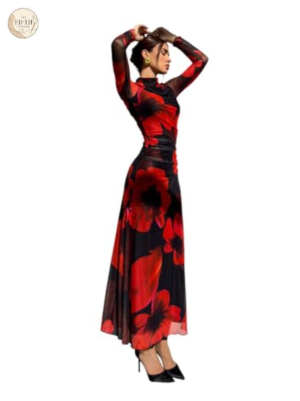Floral Mesh Maxi Dress Long Sleeve Mock Neck A Line Ruched Wedding Guest